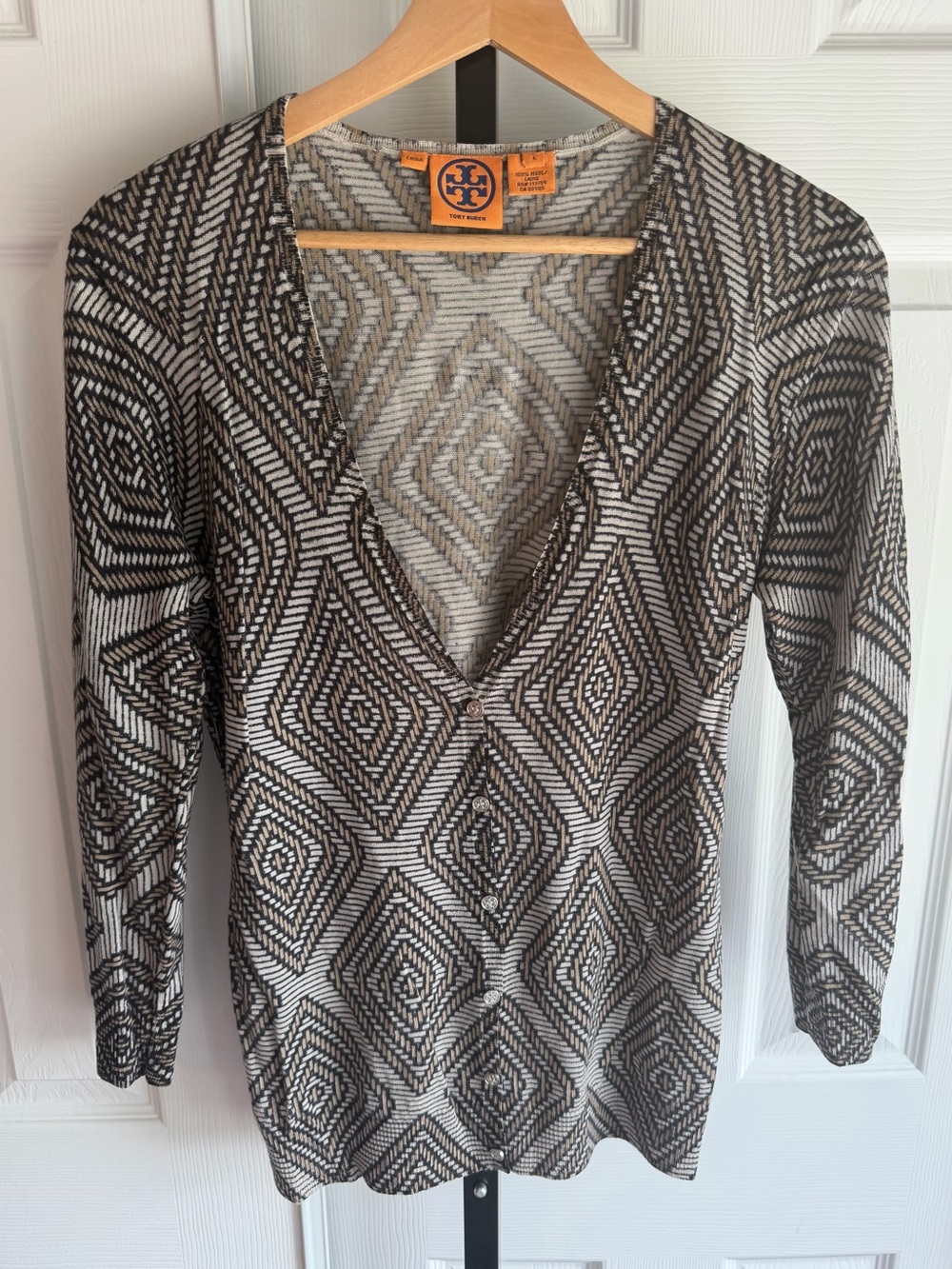 Tory Burch Button Up Cardigan Women’s Geometric 
Sleeve Stretch 100% Wool Size:L
